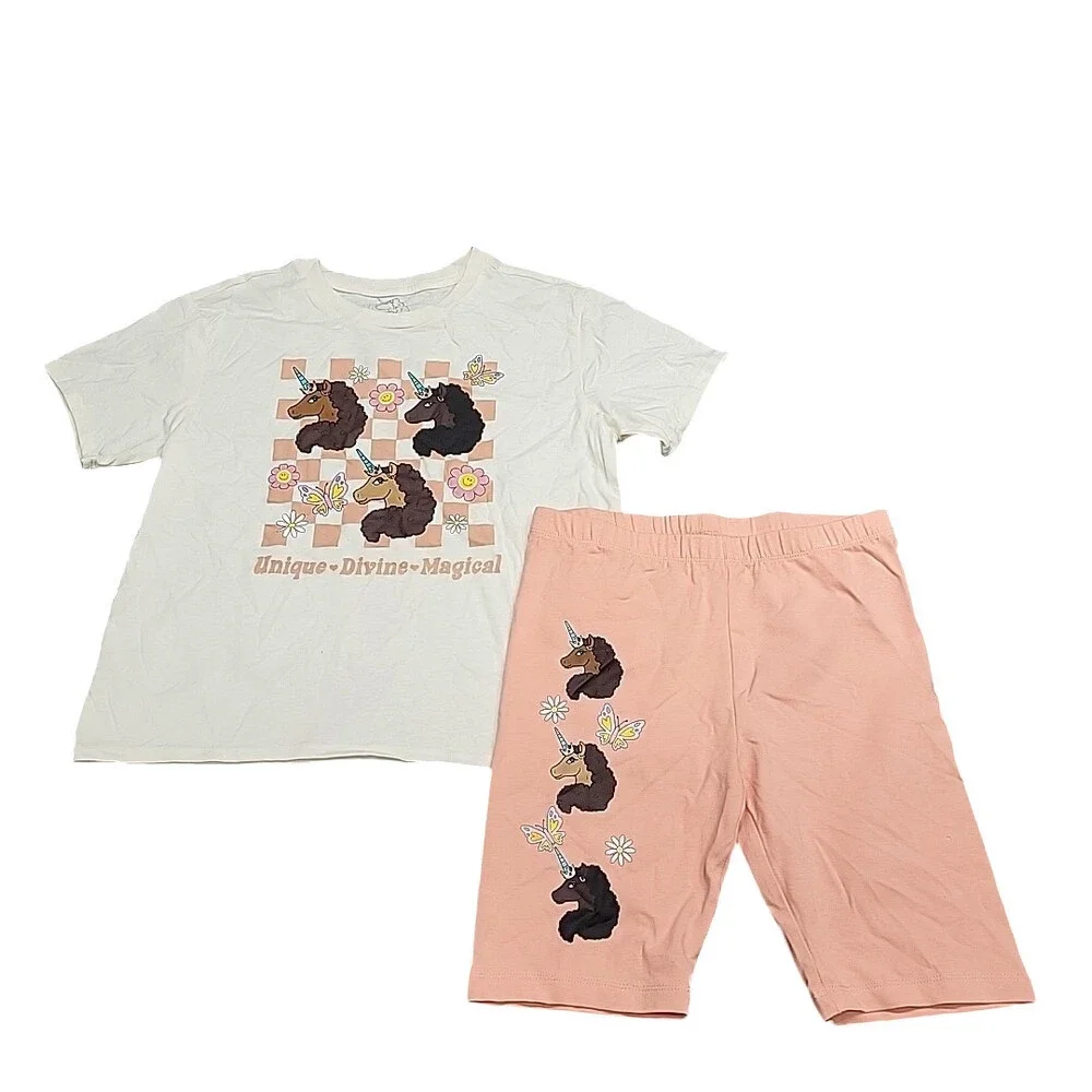 Girls' Afro Unicorn Short Sleeve 2pc Top and Bike Shorts Set - Orange L